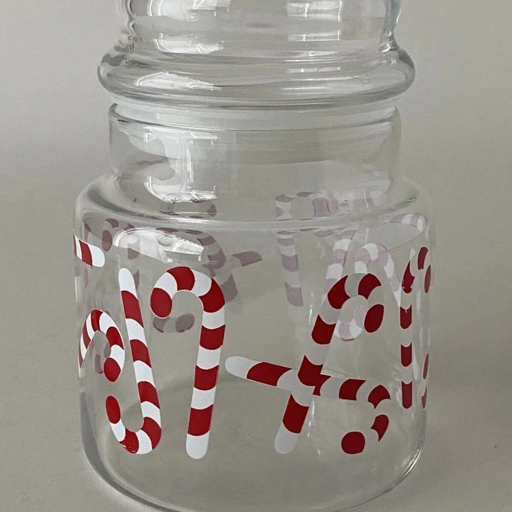 Red White Candy Cane Clear Glass w Lid Candy Cannister Jar 5 1/2